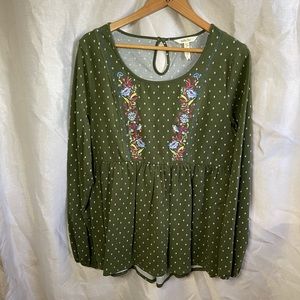 Matilda Jane Green White Polka Dot Floral Embroidered Long Sleeve Stretch Blouse